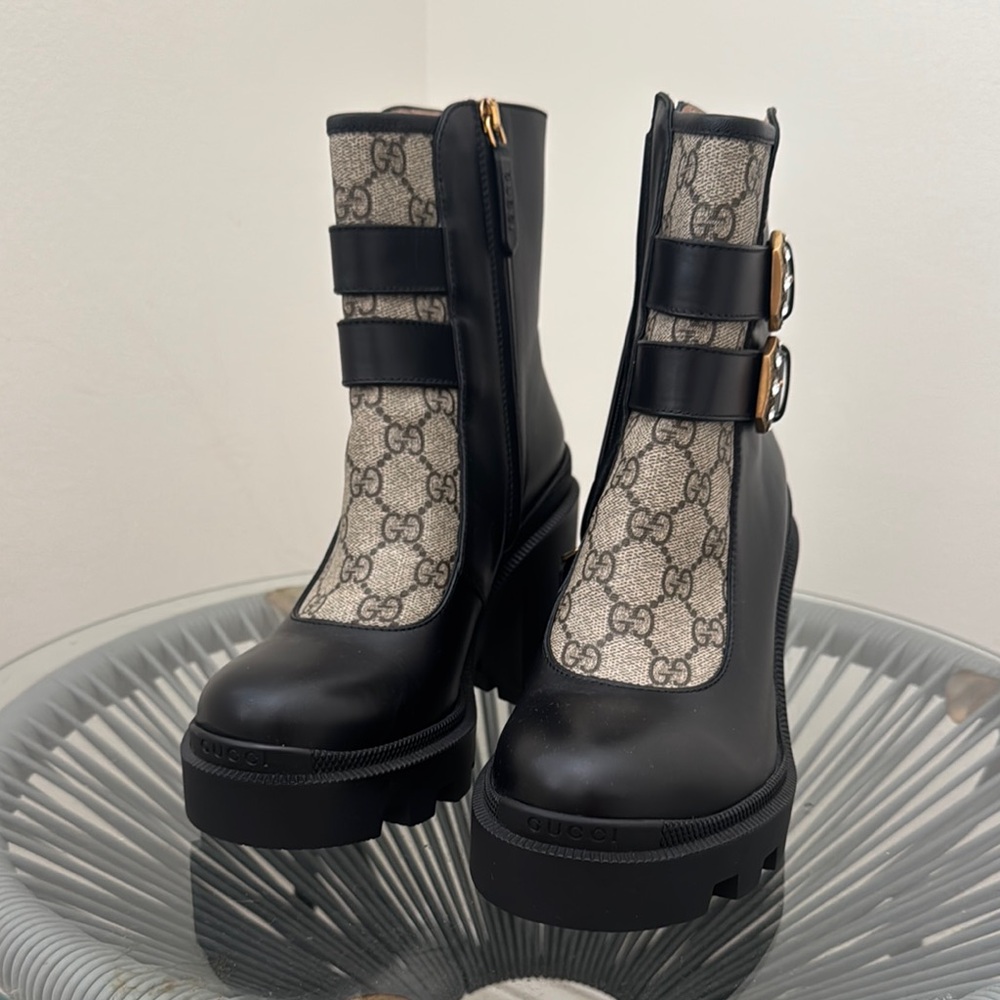 NEW AUTH Gucci Monogram Heeled Boots with Gold Buckles 37.5 - Picture 3 of 12